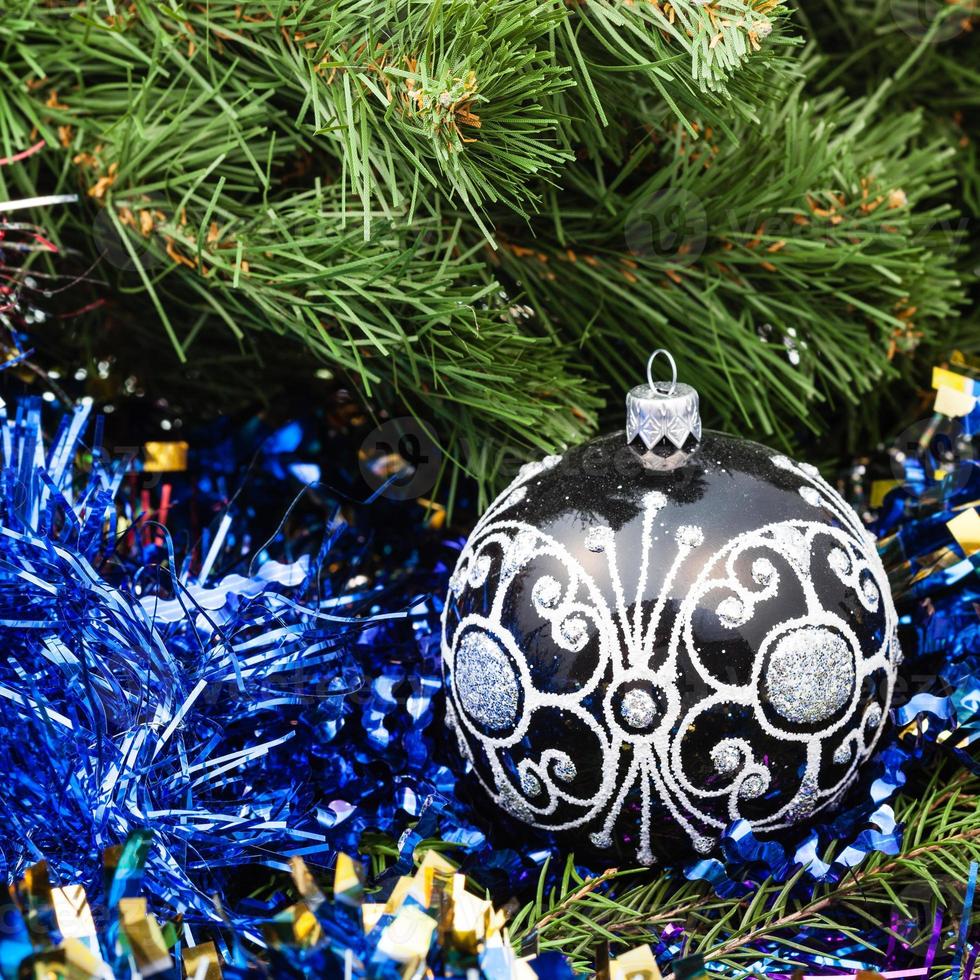 black glass Christmas balls, tinsel, Xmas tree 2 photo