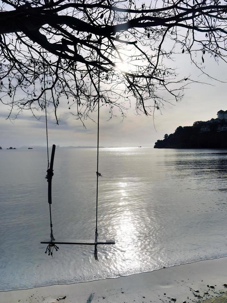 Sunrise, morning of Wooden Swing hanging under the tree on the beach with Sea background. Phuket Thailand. photo