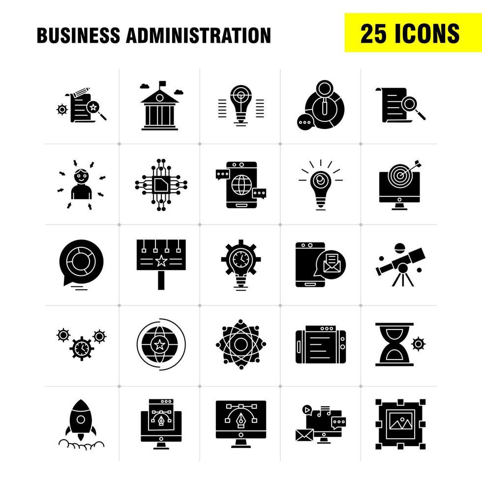 Business Administration Solid Glyph Icons Set For Infographics Mobile UXUI Kit And Print Design Include Eye Eye Ball Focus Target Chemical Bonding Chemical Eps 10 Vector