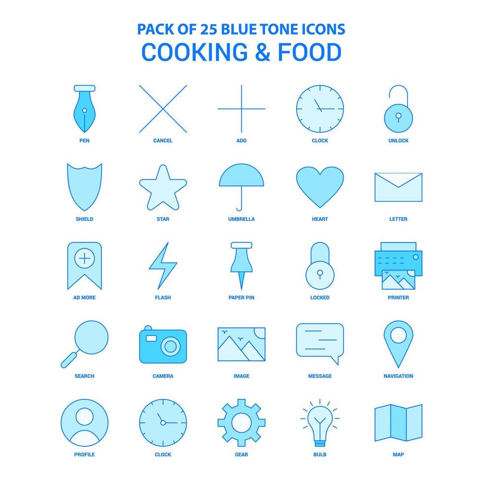 paquete de iconos de tono azul de cocina y comida 25 conjuntos de iconos vector