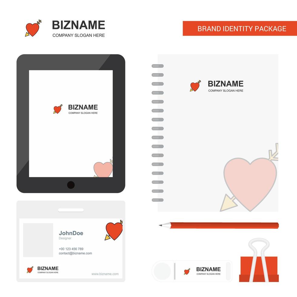 Heart Business Logo Tab App Diary PVC Employee Card and USB Brand Stationary Package Design Vector Template
