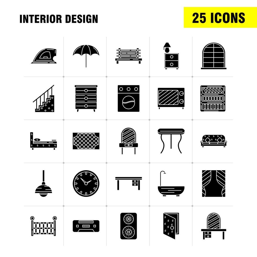 Interior Design Solid Glyph Icons Set For Infographics Mobile UXUI Kit And Print Design Include Switch Plug Electronics Electric Table Furniture Home Tables Eps 10 Vector