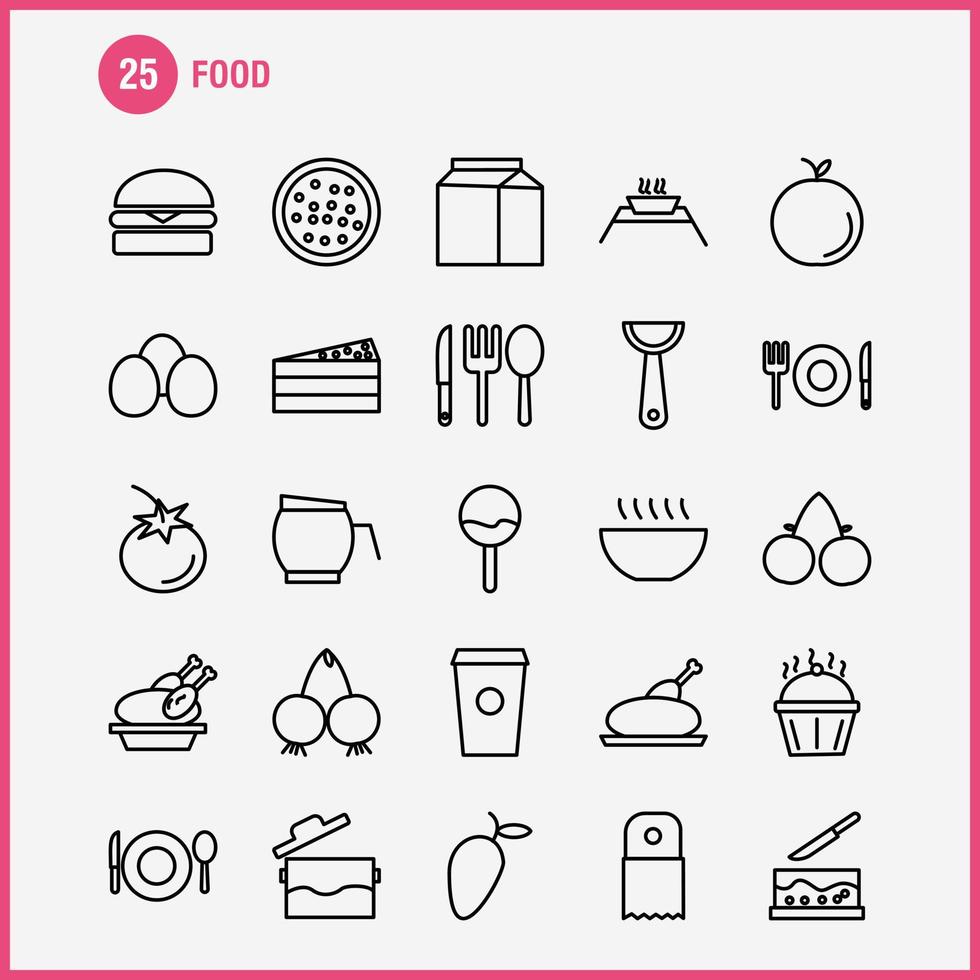 los iconos de línea de alimentos establecidos para el kit de uxui móvil de infografía y el diseño de impresión incluyen especias, chile, pimiento picante, pastel, comida dulce, colección de comida, logotipo infográfico moderno y vector de pictograma