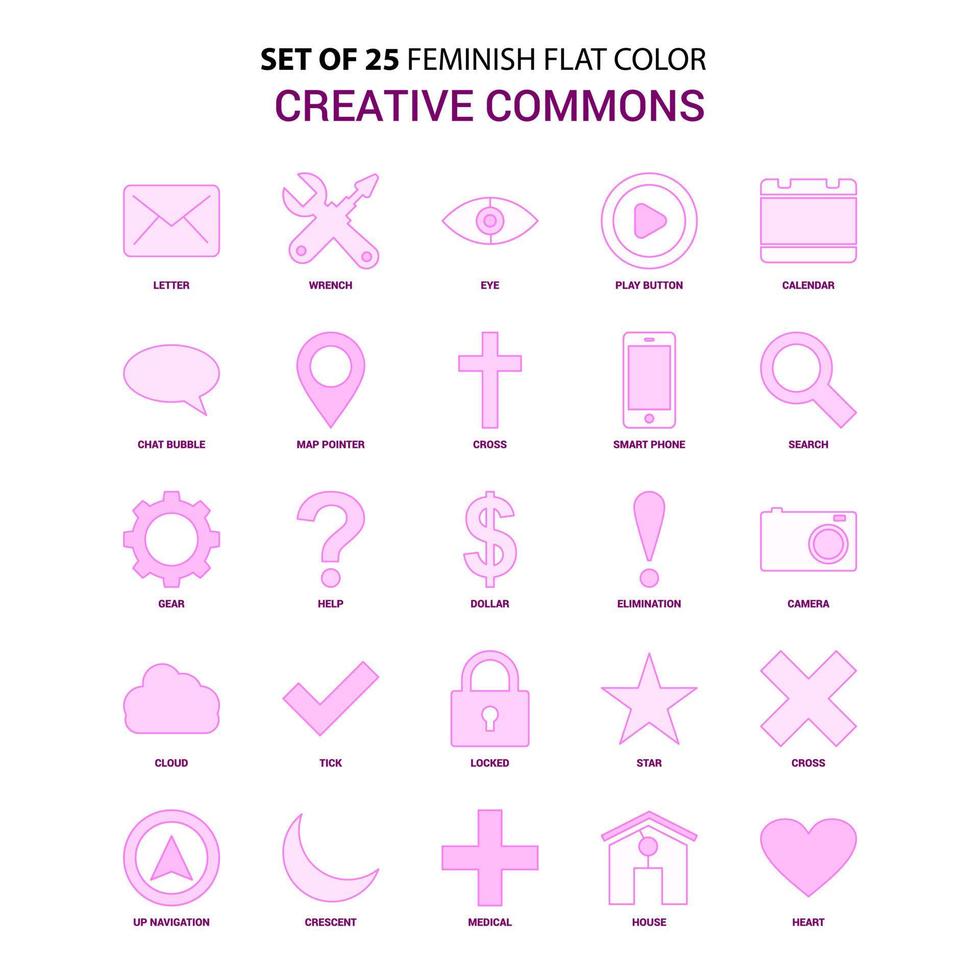 Set of 25 Feminish Creative Commons Flat Color Pink Icon set vector