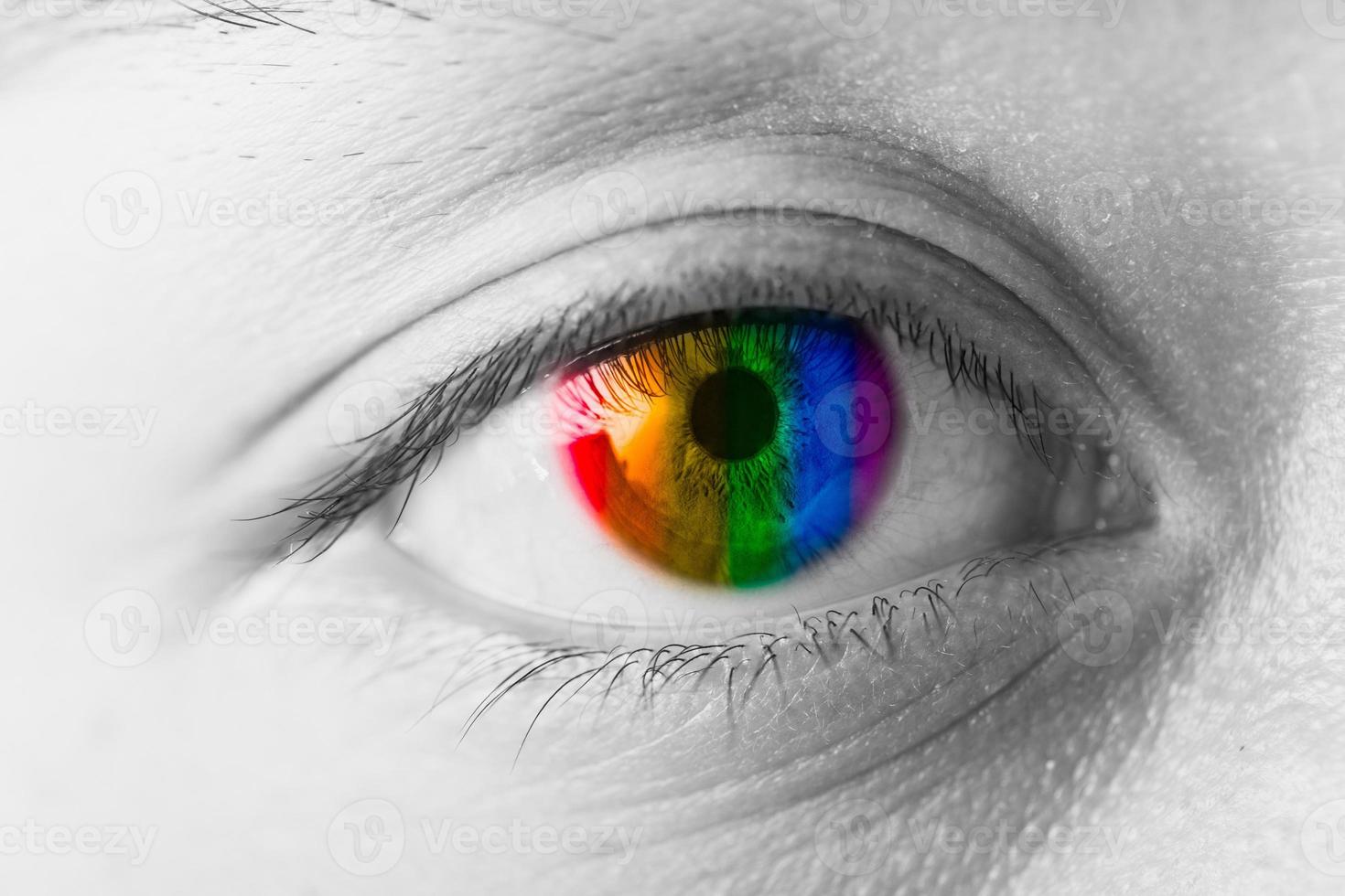 Colors Eyes Vision concept, LGBT rainbow colorful pupil closeup macro photo