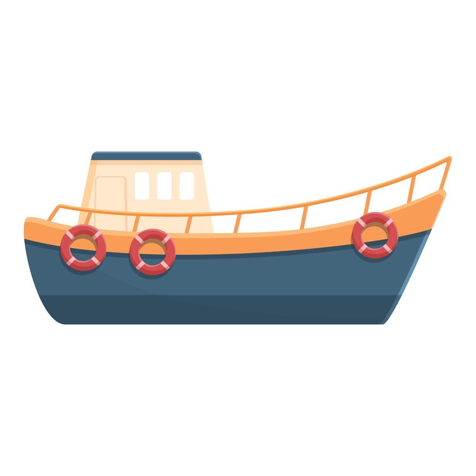 Fishing boat with life buoy icon, cartoon style vector