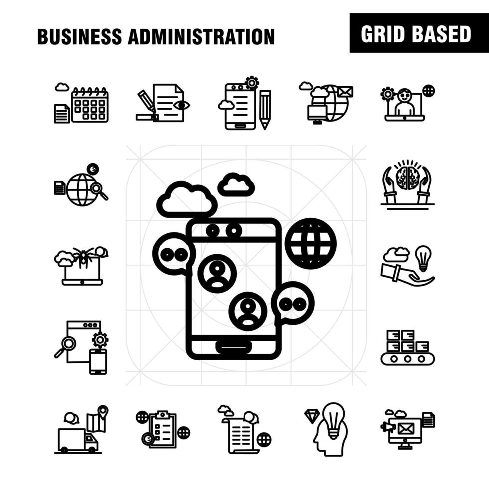 los iconos de la línea de administración de negocios establecidos para el kit de uxui móvil de infografía y el diseño de impresión incluyen el enfoque de destino flecha dirección documento archivo globo colección de internet registro infográfico moderno vector