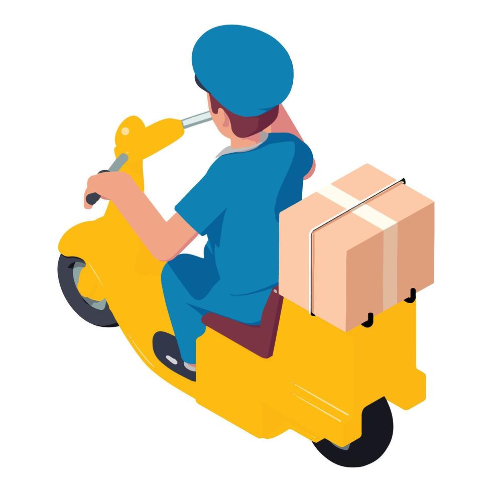 Mailman scooter parcel delivery icon, isometric style vector
