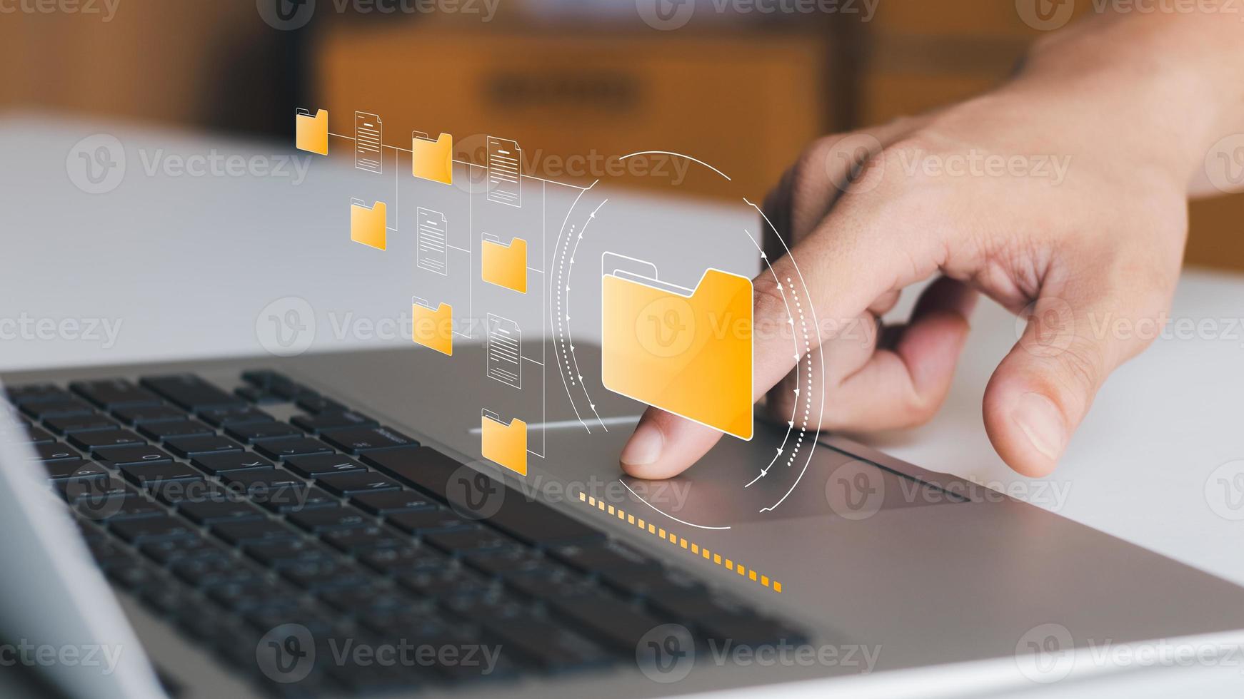 Document management system concept, business man holding folder and document icon software, searching and managing files online document database, for efficient archiving and company data. photo