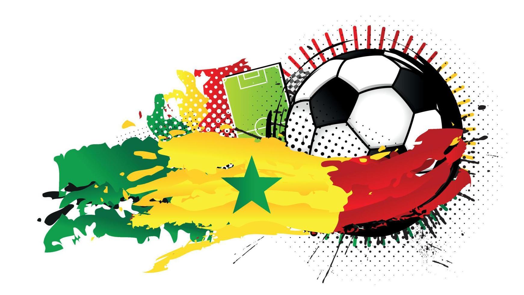 Black and white soccer ball surrounded by green, yellow and red spots forming the flag of Senegal with a soccer field in the background. Vector image