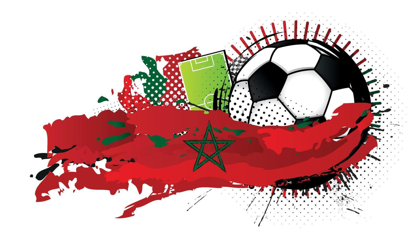 Black and white soccer ball surrounded by red and green spots forming the flag of Morocco with a soccer field in the background. Vector image