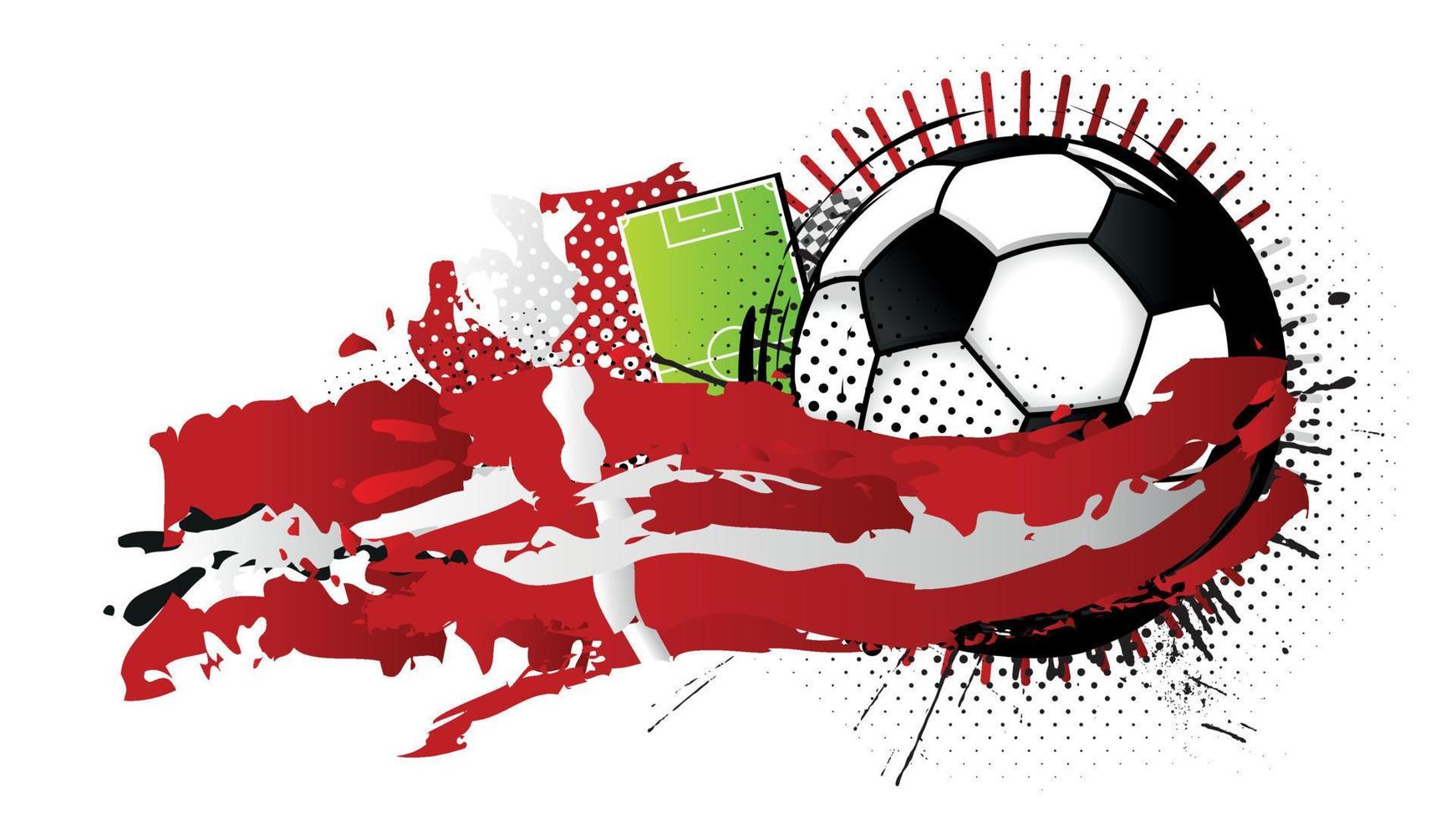 Black and white soccer ball surrounded by red and white spots forming the flag of Denmark with a soccer field in the background. Vector image