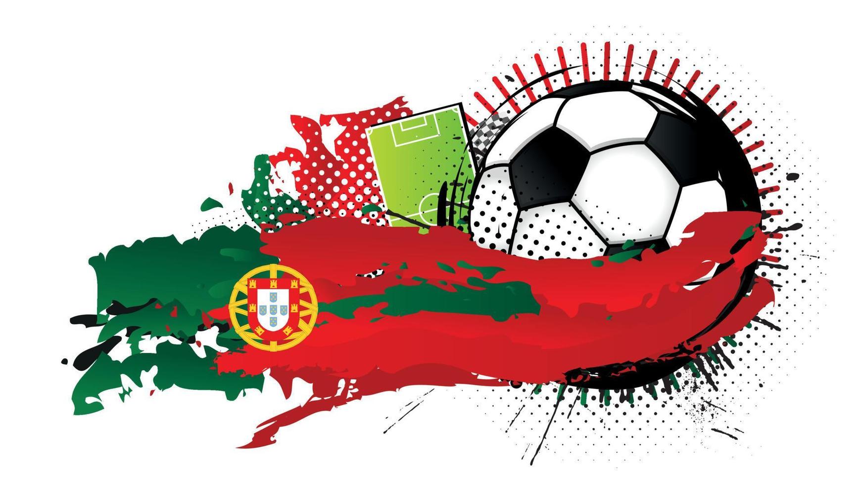 Black and white soccer ball surrounded by red and green spots forming the flag of Portugal with a soccer field in the background. Vector image