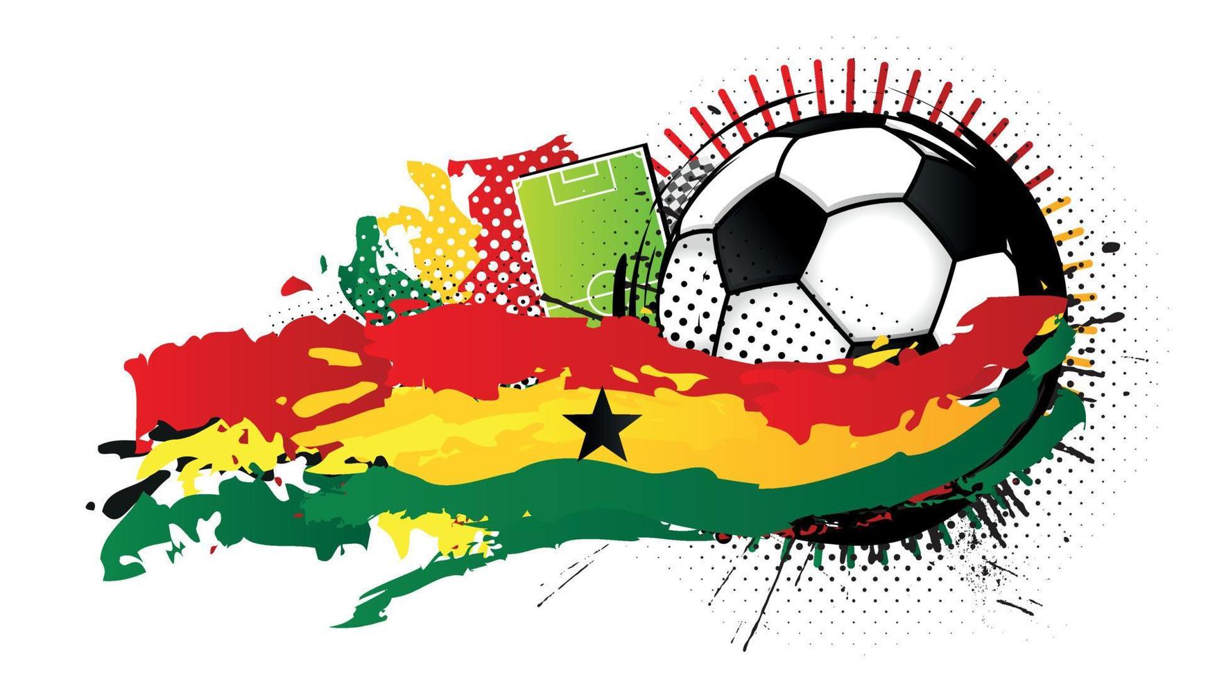 Balón de fútbol blanco y negro rodeado de manchas rojas, amarillas y verdes que forman la bandera de Ghana con un campo de fútbol al fondo. imagen vectorial vector