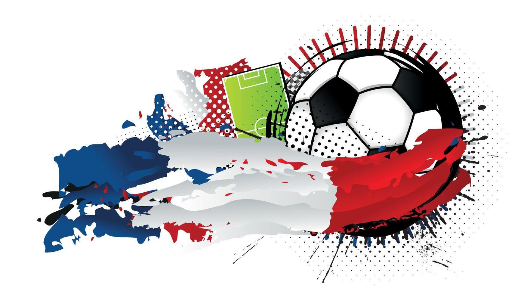 Black and white soccer ball surrounded by blue, white and red spots forming the flag of France with a soccer field in the background. Vector image