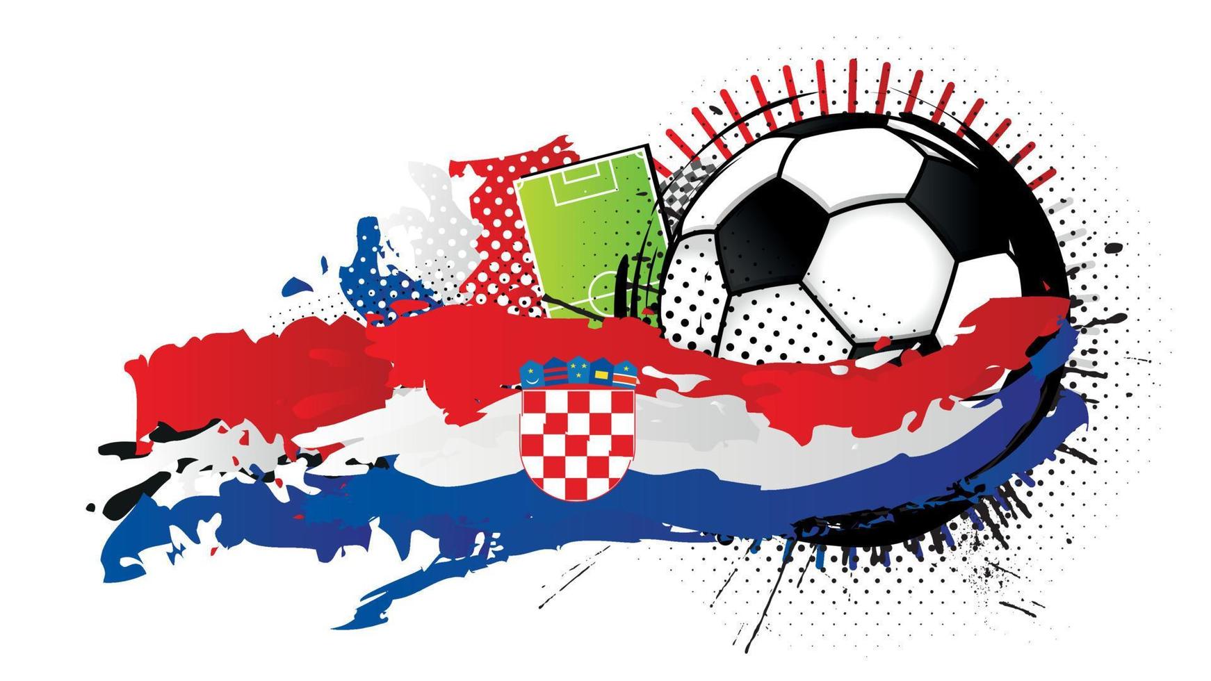 Balón de fútbol blanco y negro rodeado de manchas rojas, azules y blancas que forman la bandera de croacia con un campo de fútbol al fondo. imagen vectorial vector