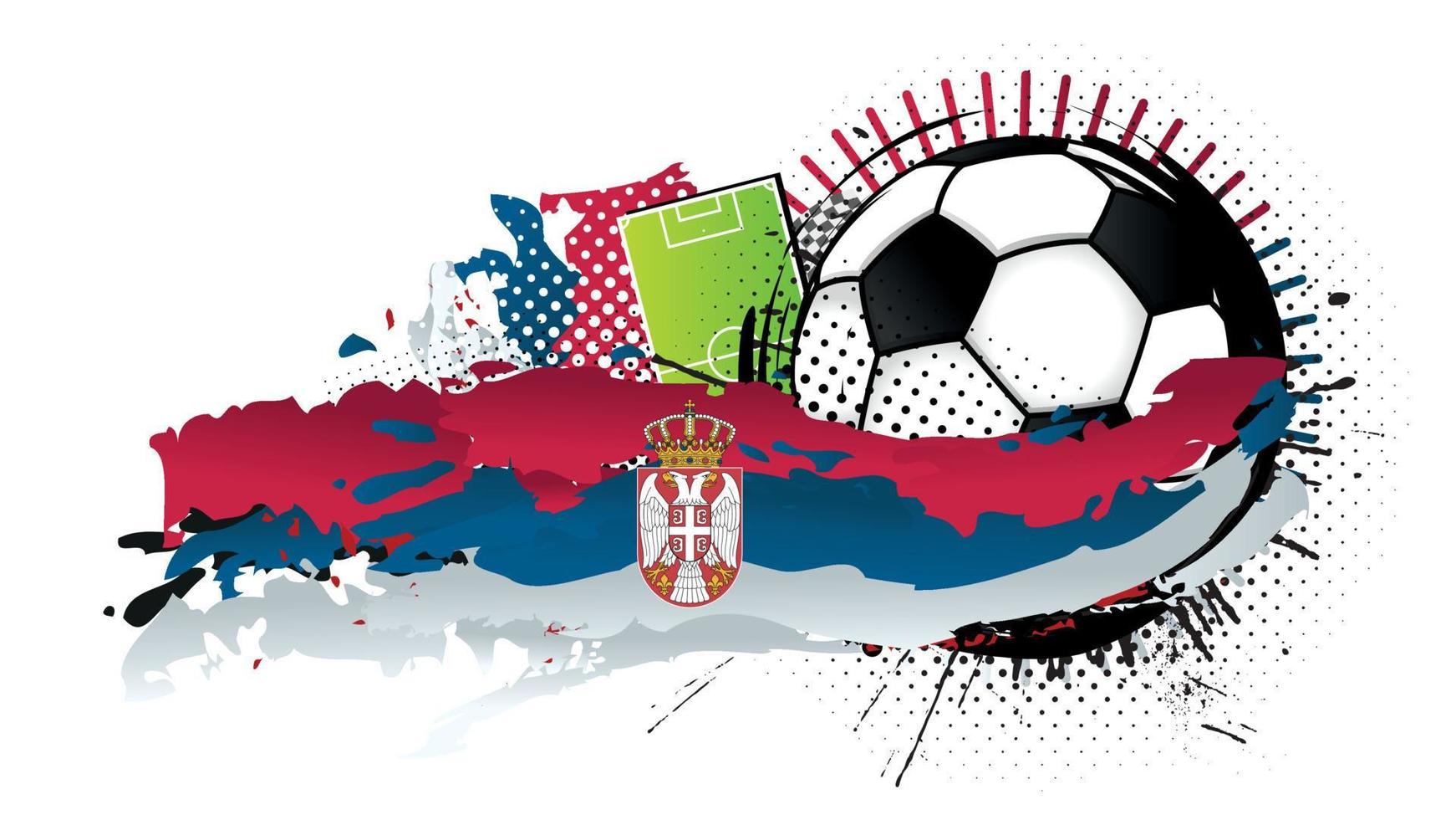 Black and white soccer ball surrounded by red, blue and white spots forming the flag of Serbia with a soccer field in the background. Vector image