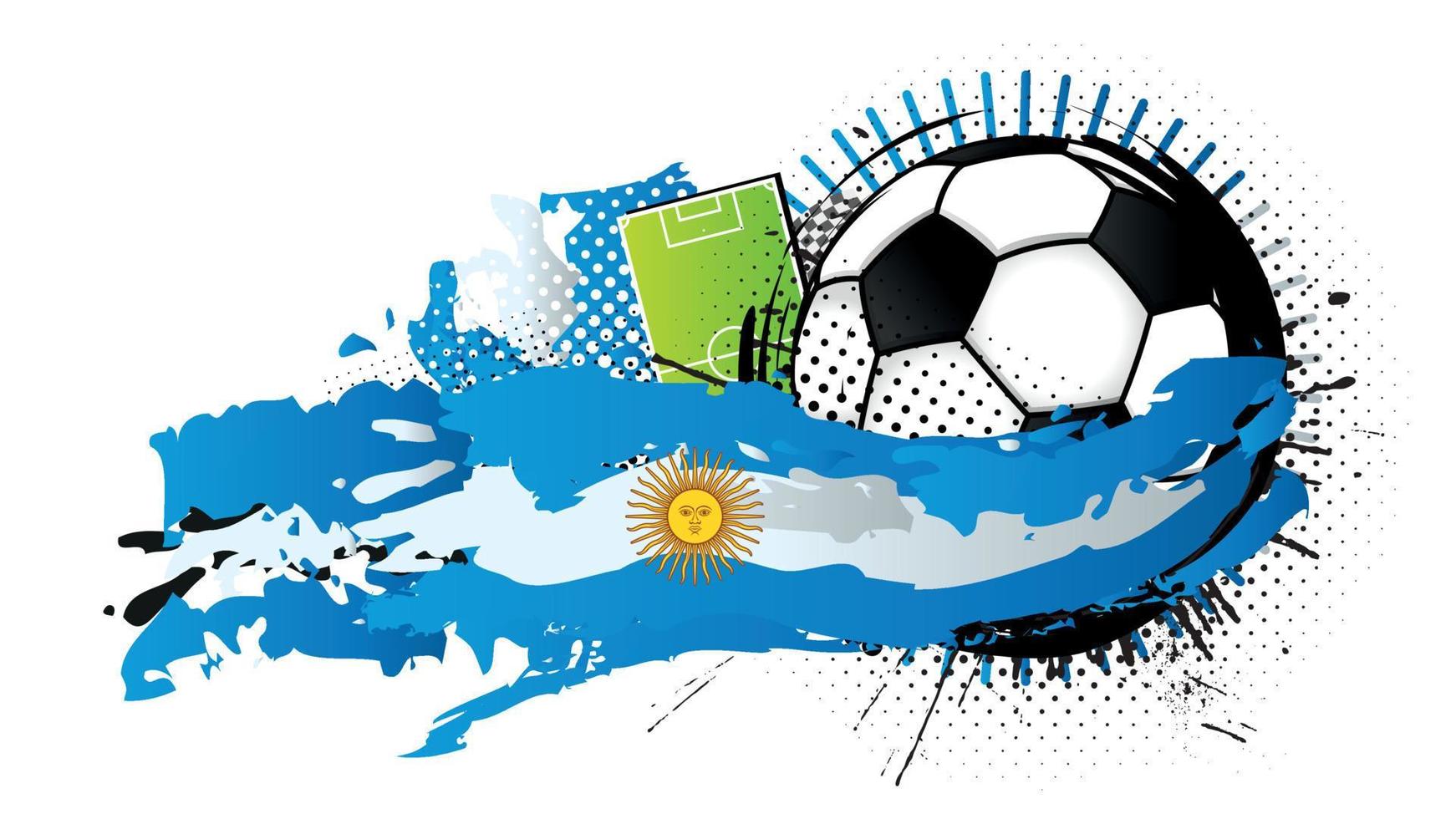 Black and white soccer ball surrounded by light blue and white spots forming the flag of Argentina with a soccer field in the background. Vector image