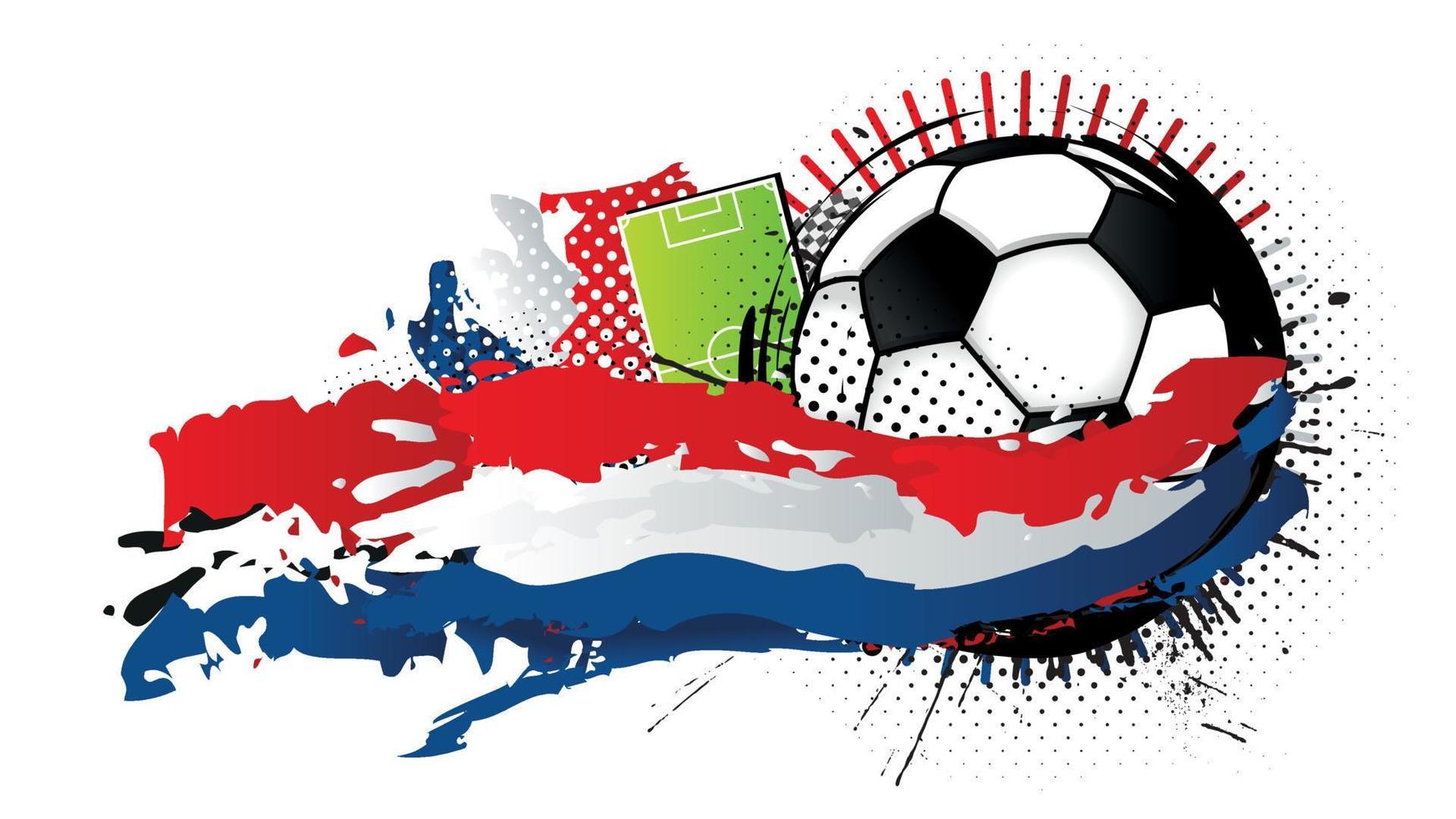 Black and white soccer ball surrounded by red, white and blue spots forming the flag of the Netherlands with a soccer field in the background. Vector image