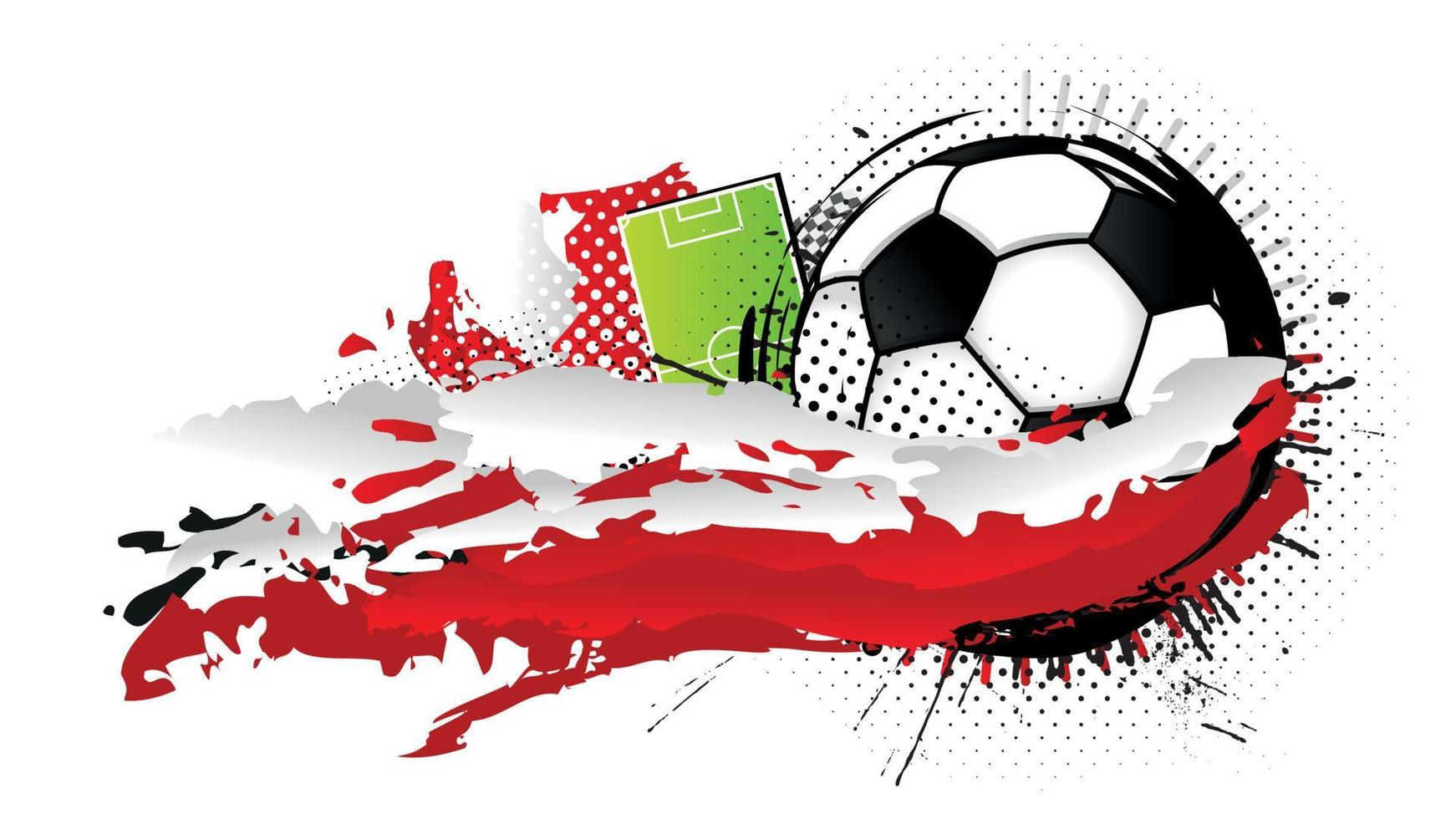 Black and white soccer ball surrounded by red and white spots forming the flag of Poland with a soccer field in the background. Vector image