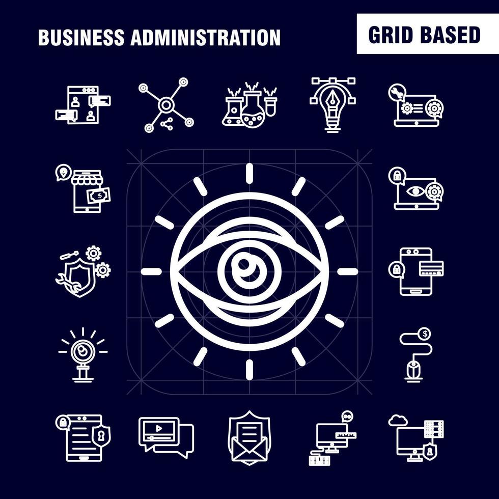 los iconos de la línea de administración empresarial establecidos para el kit de uxui móvil de infografía y el diseño de impresión incluyen el ojo, el foco de la bola del ojo, el enlace químico objetivo, el vector químico eps 10