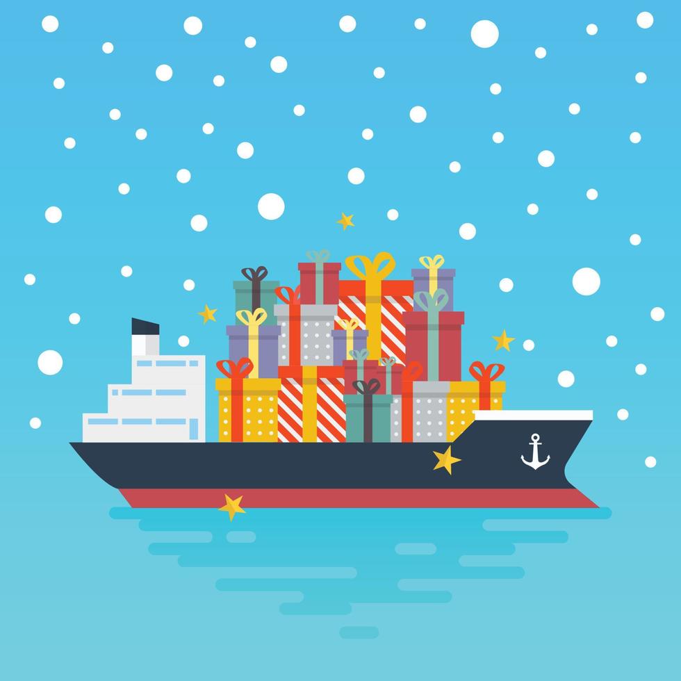 Container cargo ship with pile of gift boxes vector