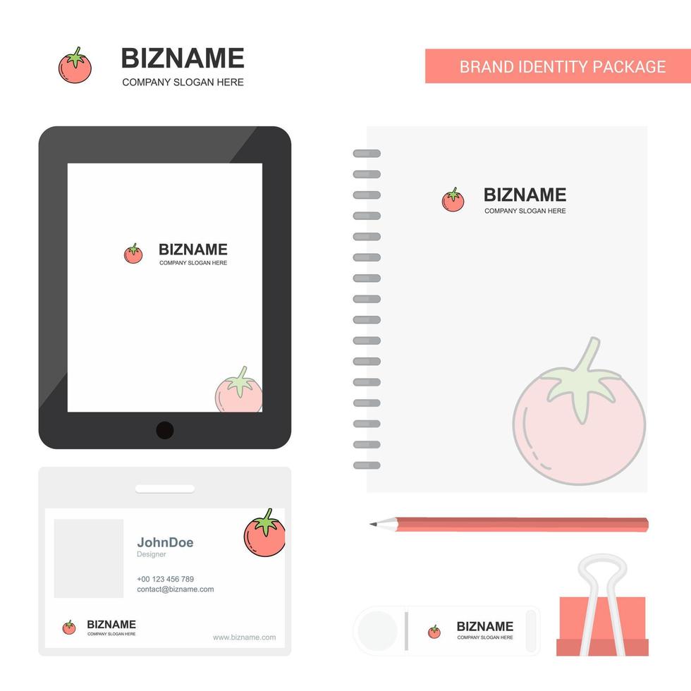 tomate empresa logotipo pestaña aplicación diario pvc tarjeta de empleado y marca usb paquete estacionario diseño vector plantilla