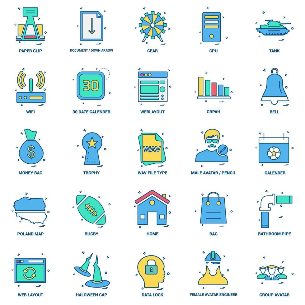 25 conjunto de iconos de color plano de mezcla de concepto de negocio vector