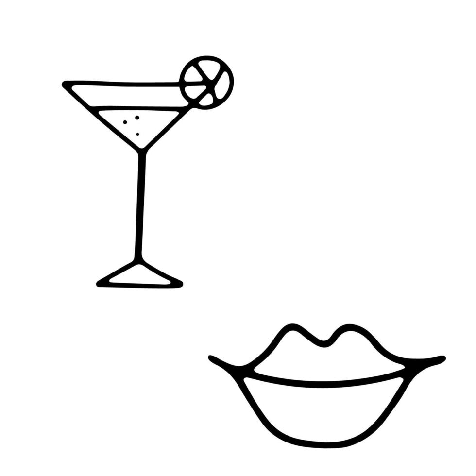 Female lips and glass with alcoholic drink with lemon. Doodle vector illustration isolated on white background