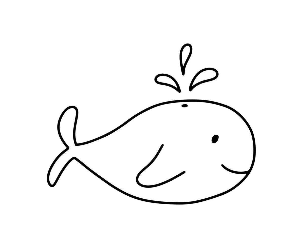 Cute doodle whale isolated on white background. Vector outline marine illustration for coloring page