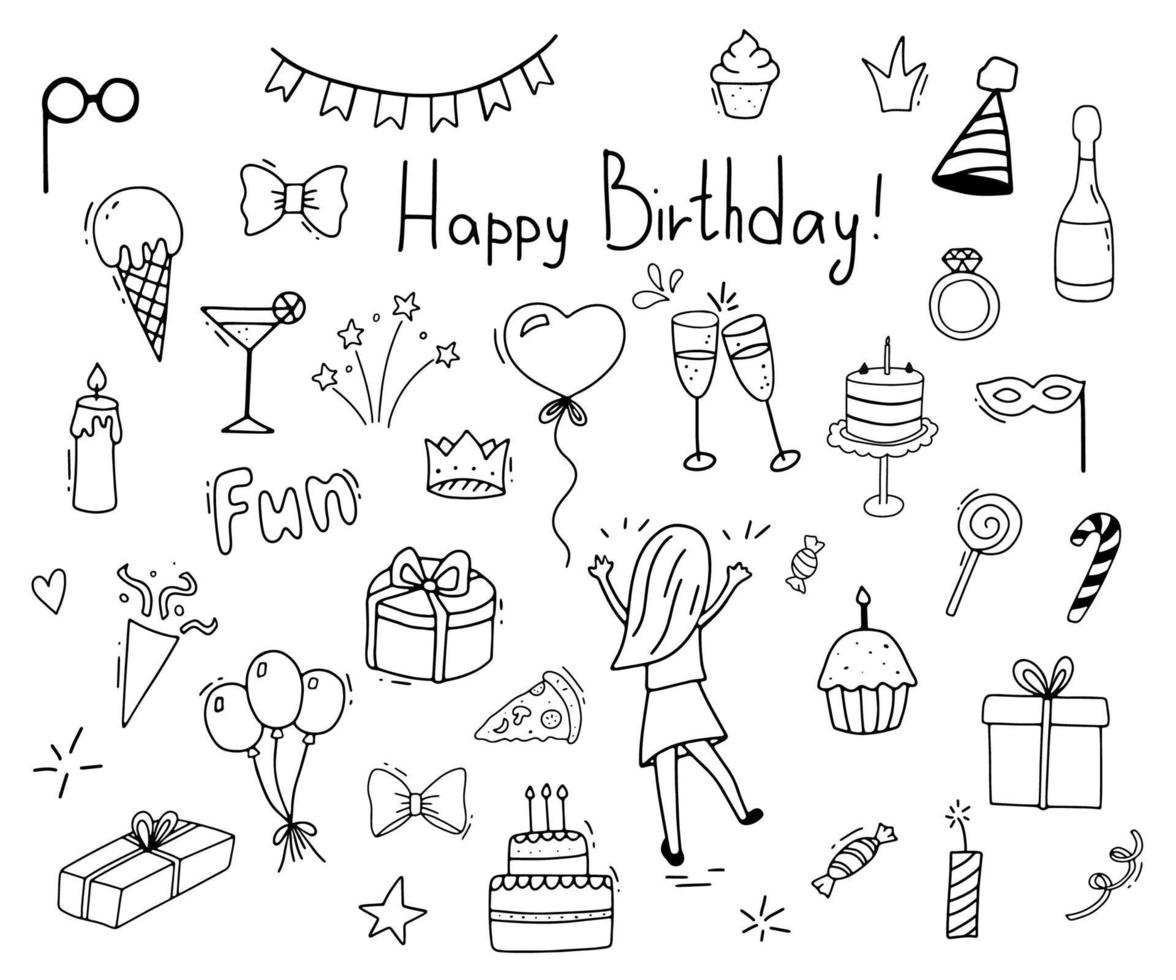 conjunto de imágenes prediseñadas de celebración. tiempo de fiesta doodle clipart. iconos de línea dibujados a mano para año nuevo o cumpleaños. pastel, regalo, guirnalda, champán, globos vector