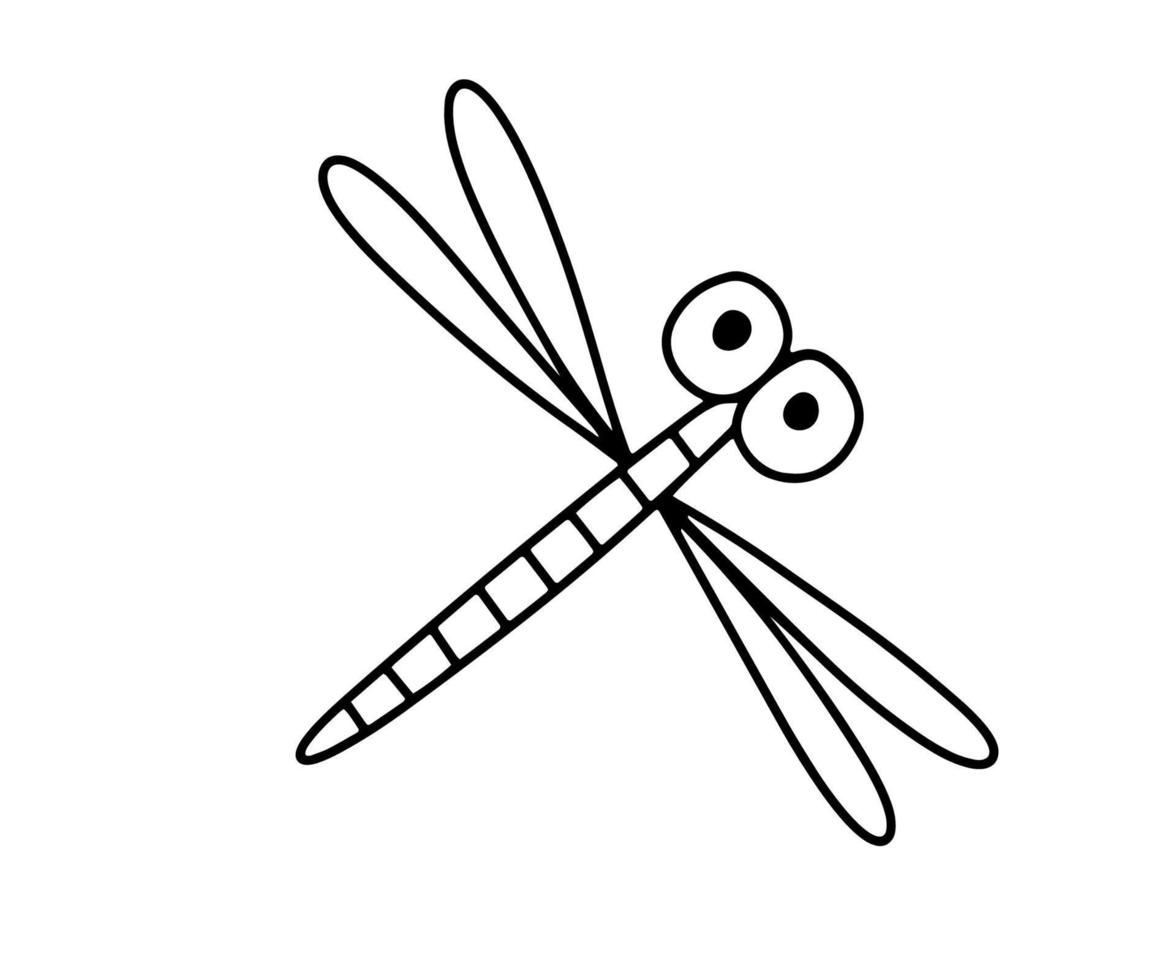 Cute doodle dragonfly isolated on white background. Funny insect for children. Cartoon vector illustration for coloring book