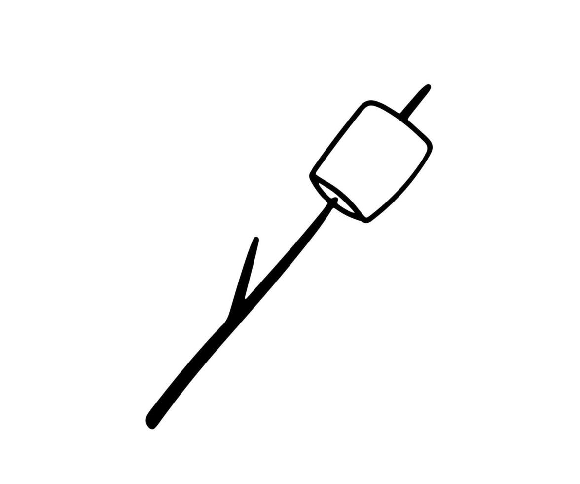 Hand drawn Marshmallow roasted on wooden stick. Vector doodle sketch isolated on white.