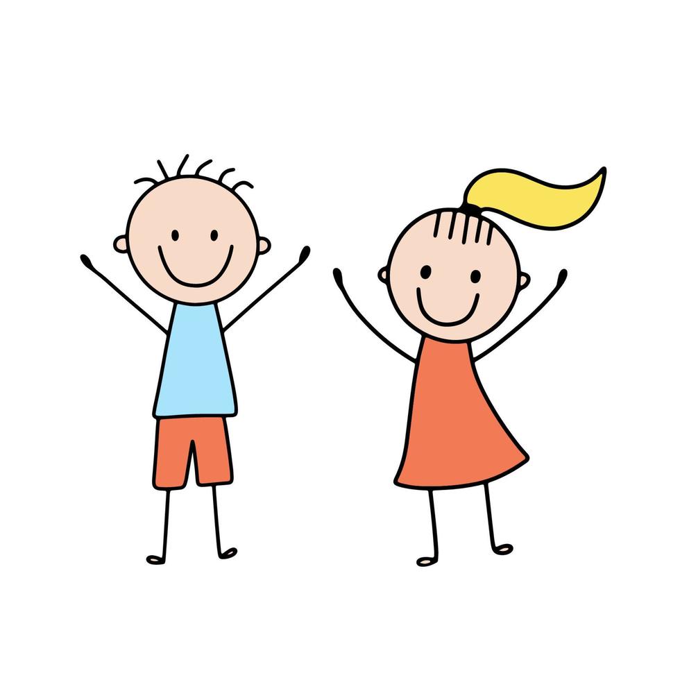 Cute smiling happy girl and boy. Vector illustration in doodle style isolated on white. Kids wave hands