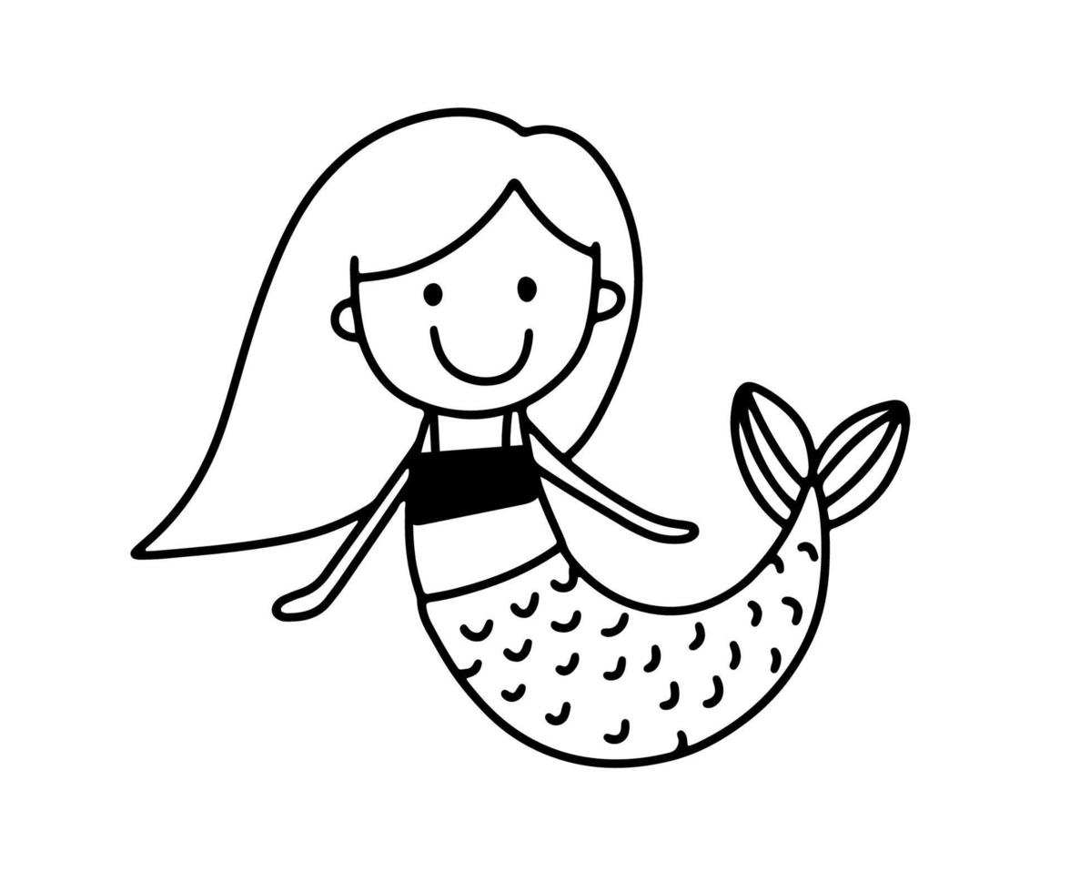 Little cute mermaid. Funny character. Outline doodle illustration isolated on white for coloring book vector