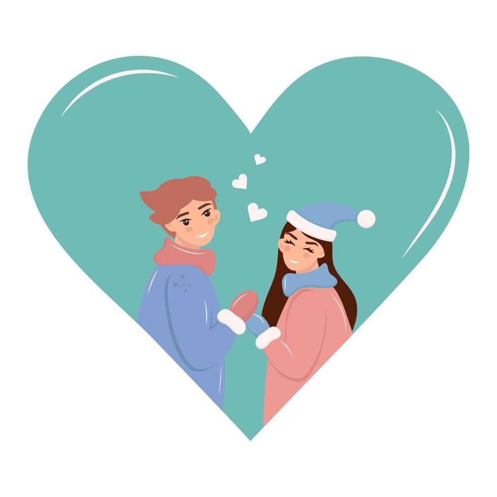 A young boy and girl couple hold hands and smile. Valentine's Day. vector illustration