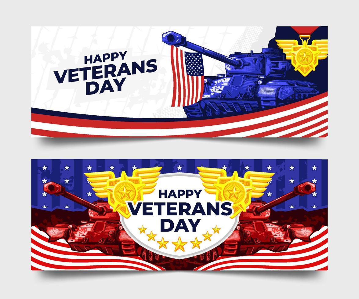 Happy Veterans Day Banner with Tanks and Medals Collection vector