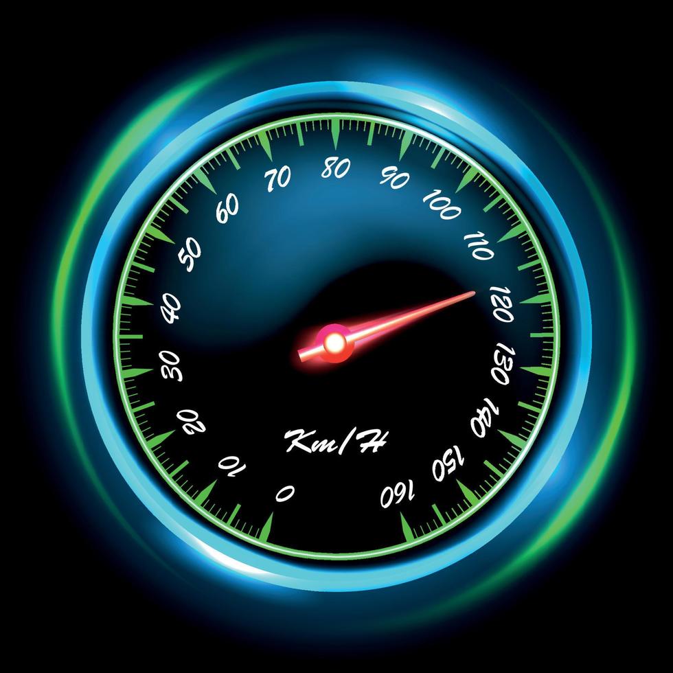 Shiny car speedometer with red arrow and glowing flame vector