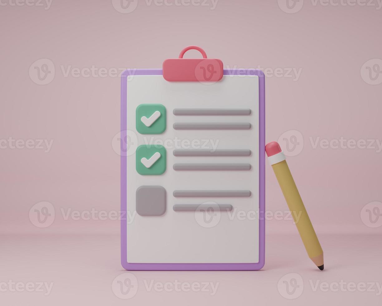 3D rendering illustration Cartoon minimal clipboard task management todo check list with pencil, working plan to success, exam paper checklist, level up concept, fast work on project plan. photo