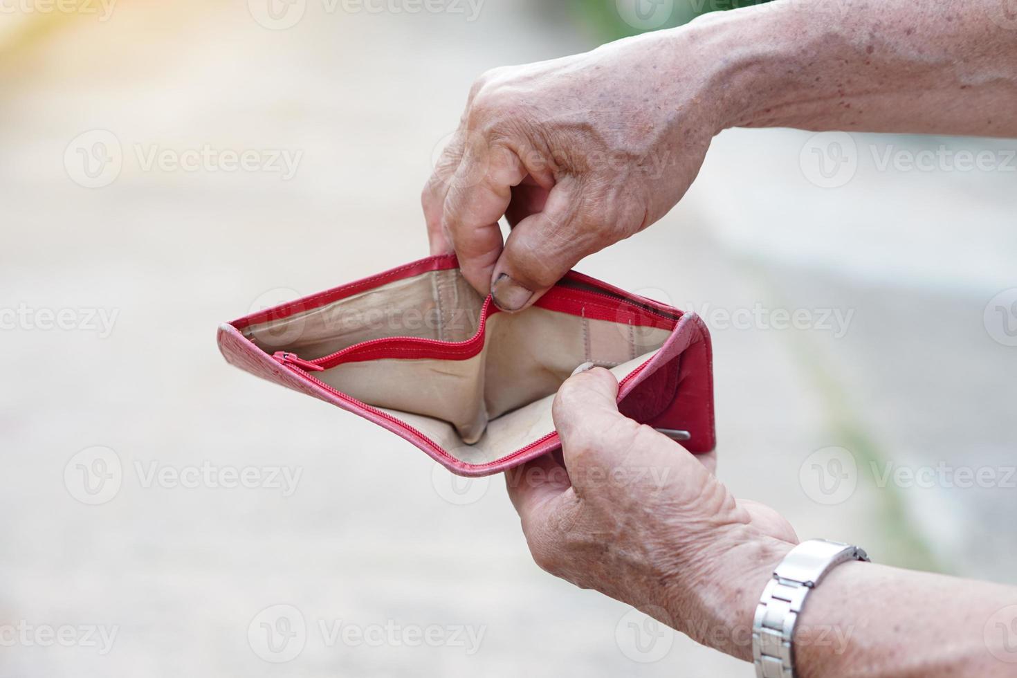 Closeup senior' man hands open empty wallet. Concept, no money, economic crisis. Financial problems. photo