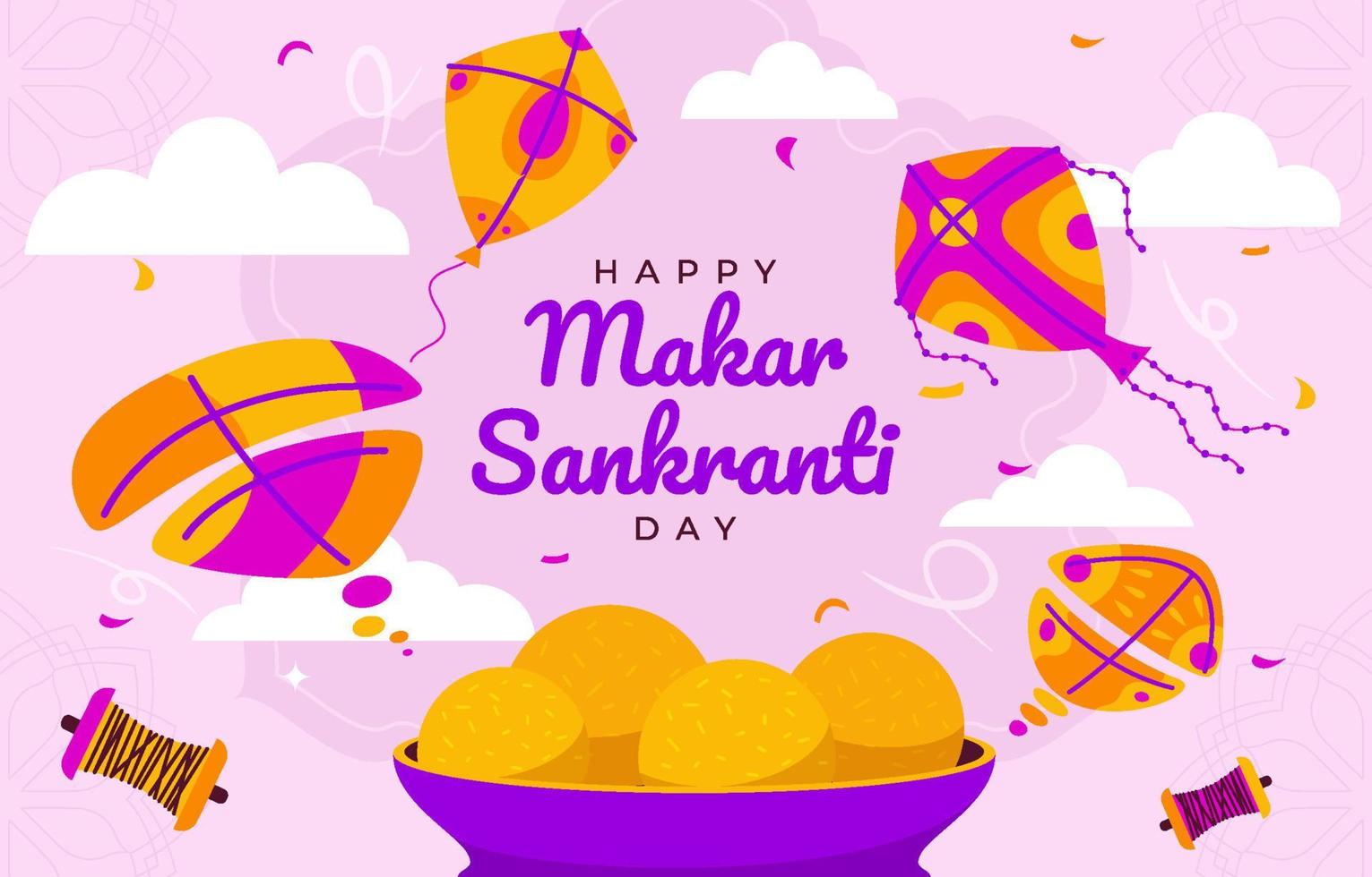 Flat Makar Sankranti Day with Multiple Style of Kites vector