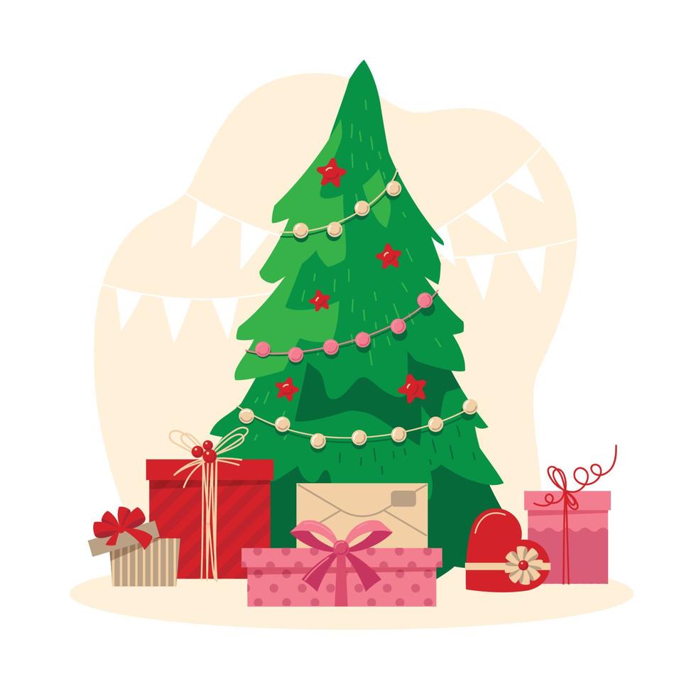 árbol de navidad con guirnalda. regalos de navidad bajo el árbol. estado de ánimo de año nuevo. imagen vectorial vector