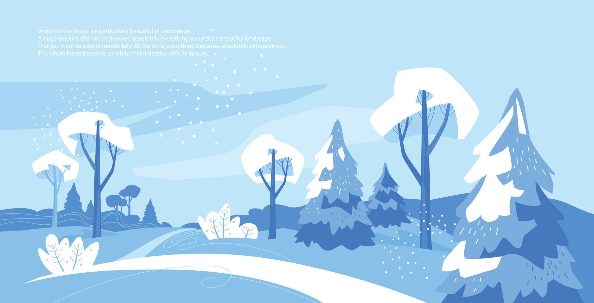 Winter landscape. Christmas trees and trees in the snow. Walk through the winter forest. Vector image.