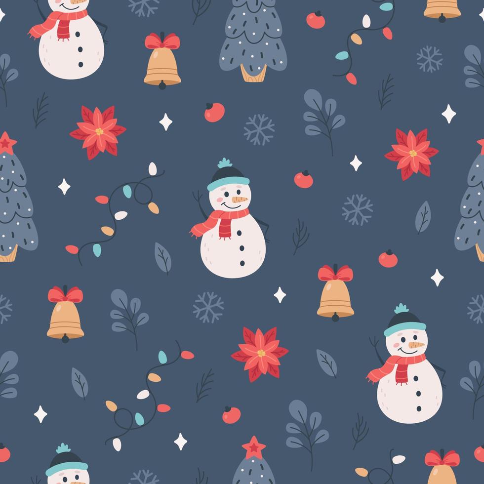 Christmas seamless pattern with snowman, Christmas tree, garland, mistletoe. Merry Christmas. vector