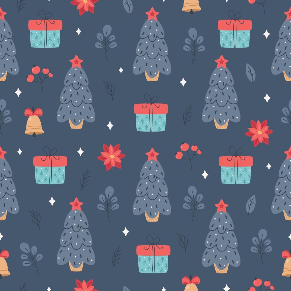 Christmas seamless pattern with Christmas tree, gift, mistletoe. Merry Christmas vector