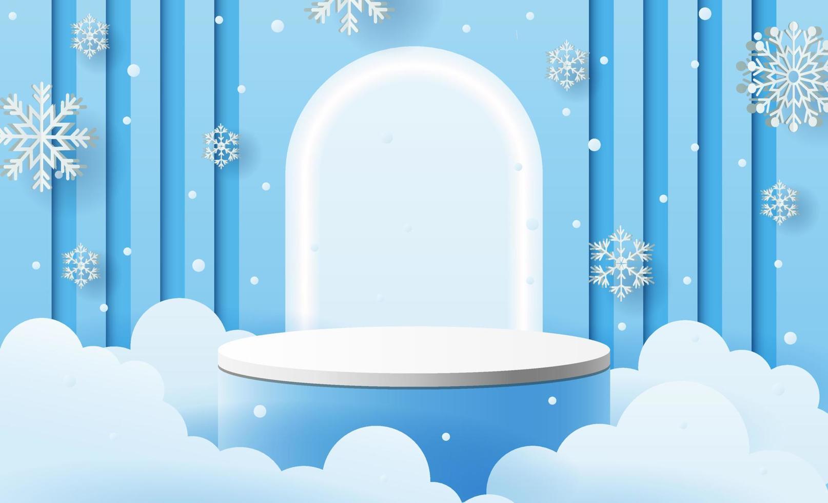 paisaje invernal navideño con escena de podio de producto. vacaciones de invierno pedestal hielo nieve 3d renderizado vector fondo con podio. ilustración vectorial