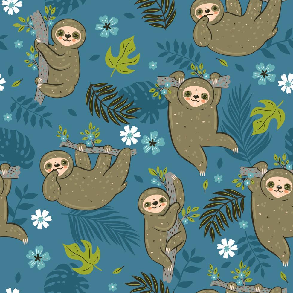 Seamless pattern with sloths and tropical leaves. Vector graphics.