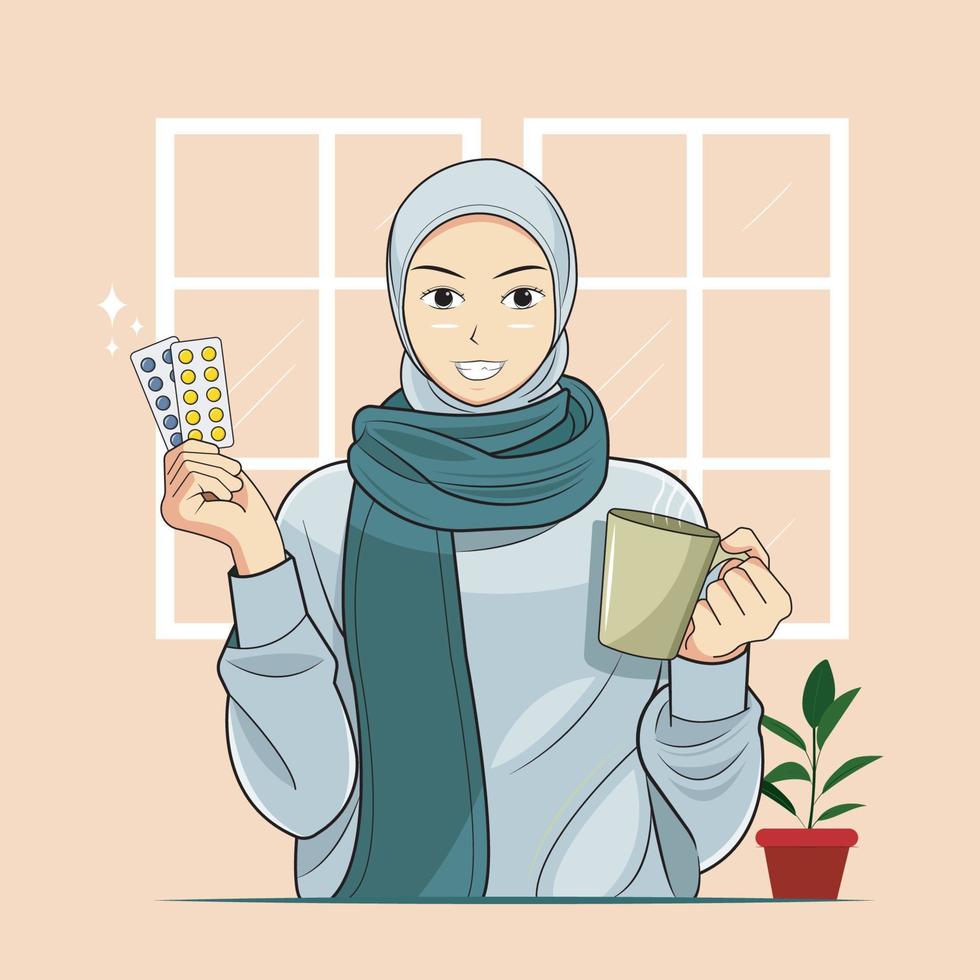 Smiling Hijab Young Girl holding hot tea and vitamins vector illustration pro download