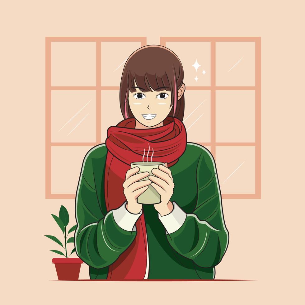 Young girl smiling while drinking hot tea vector illustration pro download