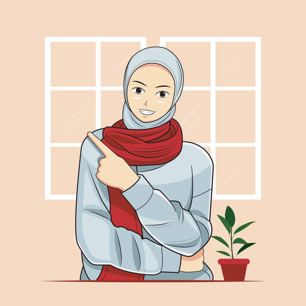 feliz hijab niña vistiendo suéter mostrando algo con su dedo ilustración vectorial descarga gratuita vector